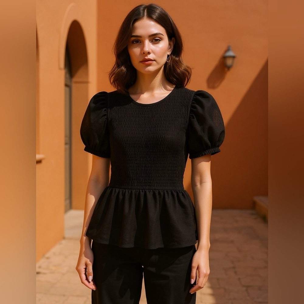 Zara Blk Rouched Gathered Hem Top Size Small
